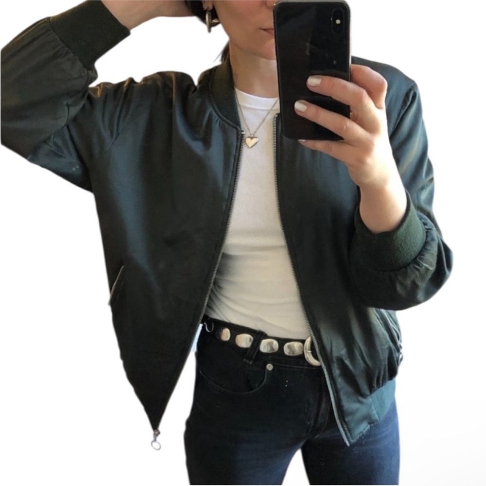 ZARA COLLECTION Green Silky Relaxed O-Ring Zipper Bomber Jacket Small |fits XS-M - Picture 9 of 16